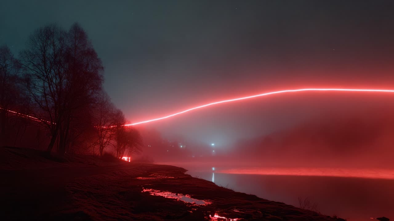 Mesmerizing red light trail from a flying drone illuminating the foggy night sky over a tranquil lake, creating a surreal and atmospheric landscape with reflections on the water's surface
