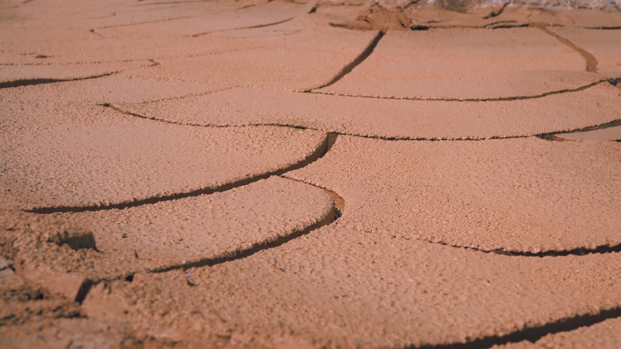 Dry lake with natural texture of cracked clay. Desert. Aerial view of a beautiful cracks in the ground. 4k stock footage.