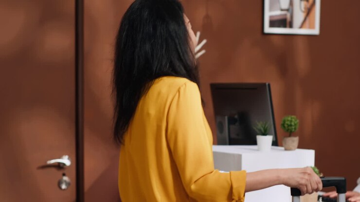 Una viaggiatrice che parla con la receptionist sulla prenotazione di una stanza