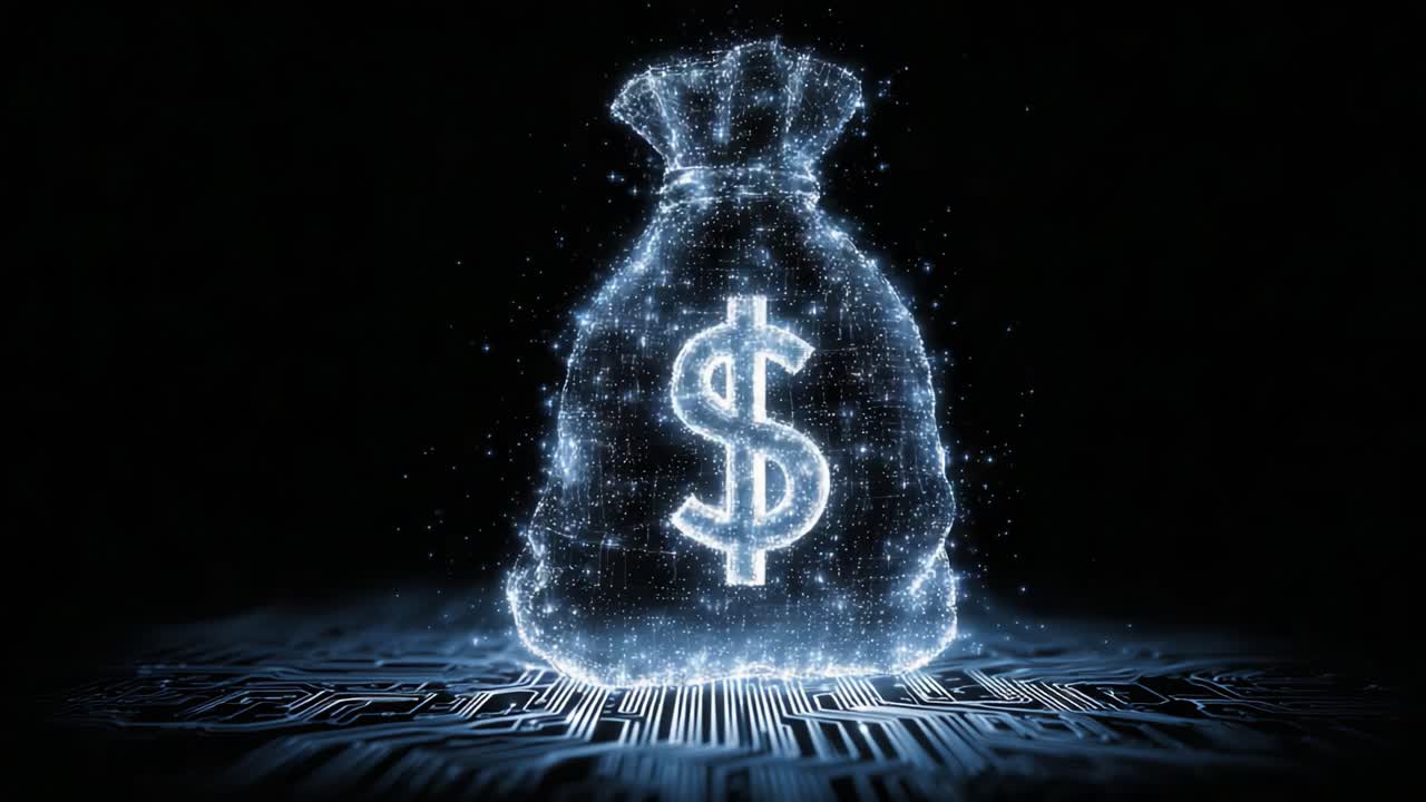 Illuminated Digital Money Bag: A Futuristic Representation of Wealth and Finance in a High-Tech World with Sparkling Effects and Cybernetic Background