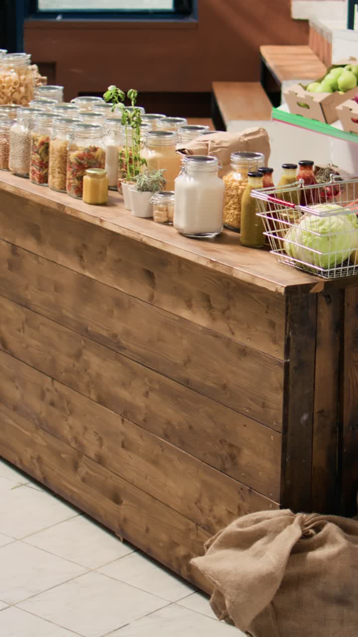Vídeo vertical. Productos alimenticios a granel en recipientes reutilizables