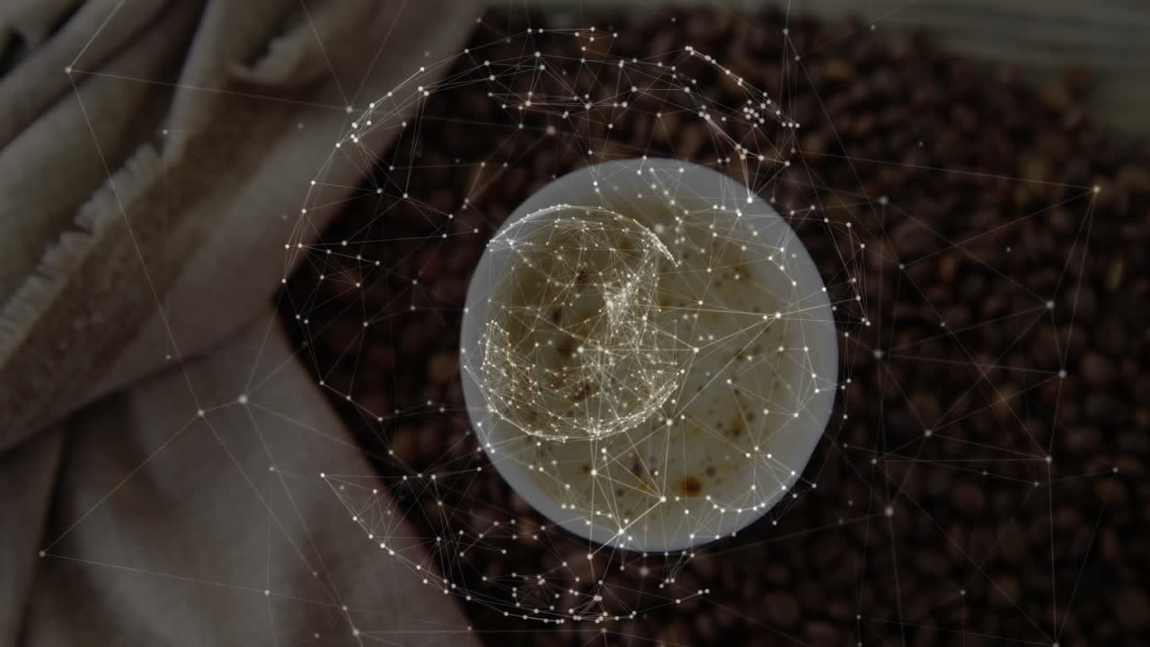 Coffee cup network overlay scene being animated in overhead layout, with beans, tray, beige cloth