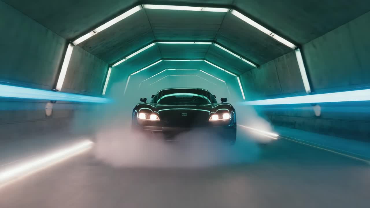 Black Sports Car in a Futuristic Light Tunnel with Smoke