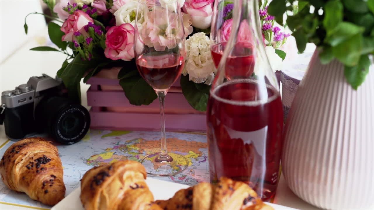 Primo piano di croissant e calici di rosé su un tavolo con un cesto rosa di fiori