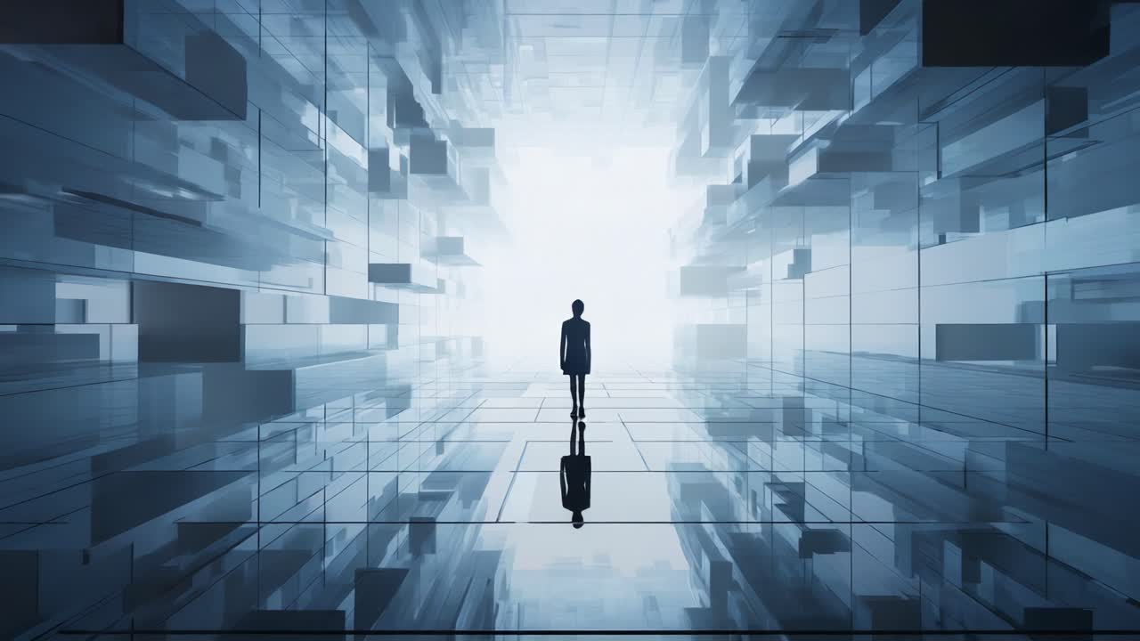 Exploring the Infinite: A Solitary Figure Navigates Through an Ethereal, Abstract Space of Glimmering Panels and Reflections, Evoking a Sense of Mystery and Contemplation