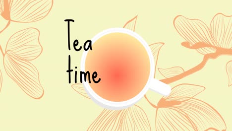 animation of tea time text over cup of tea and flowers on yellow background