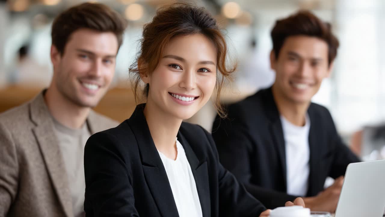 A joyful and professional group of young individuals share a light moment in a modern workspace, showcasing collaboration and positivity in their expressions