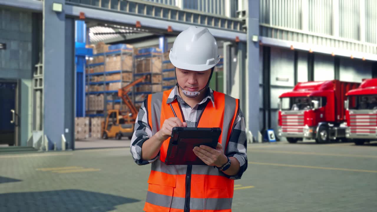 Asian Male Engineer With Safety Helmet Taking Note On The Tablet And Looking Around While Standing , Outside of Logistics Distributions Warehouse