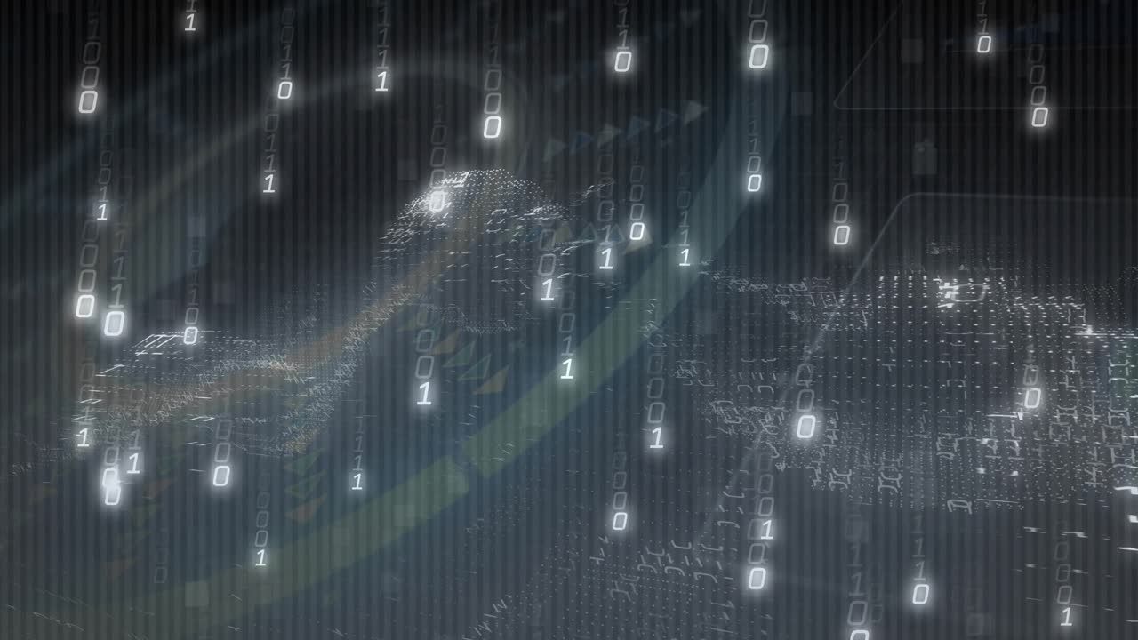 Arc sweeping binary digits drifting and data ring rotating as mesh forming 3D network terrain