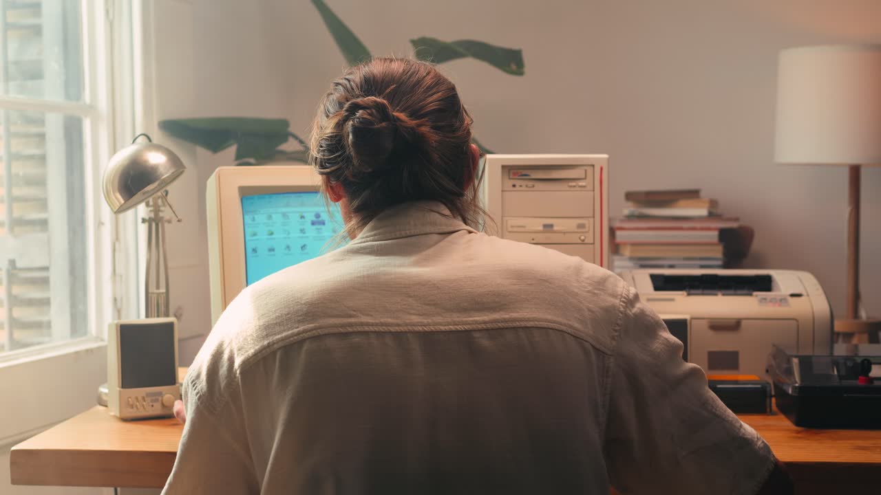 Man working and gaming on retro computer PC, IT engineer with vintage computer at home, using old fashion technology, close up of retro setup.