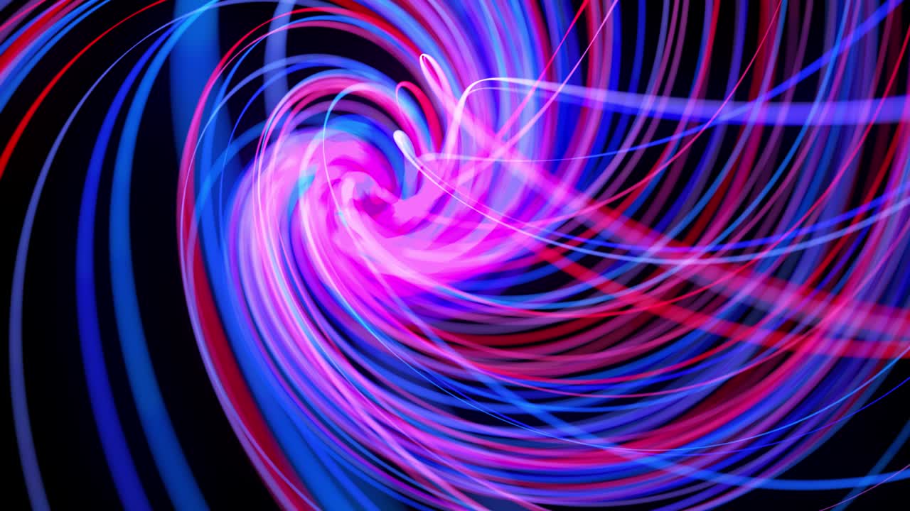 4k에서 빛의 흐름: 빛의 흔적과 함께 추상적인 루프 된 배경, 공간에서 빨간 파란 네온 선의 흐름은 루프 된 나선형 모양을 형성하기 위해 움직입니다.