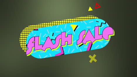 animación de texto de venta flash sobre formas geométricas coloridas en fondo verde