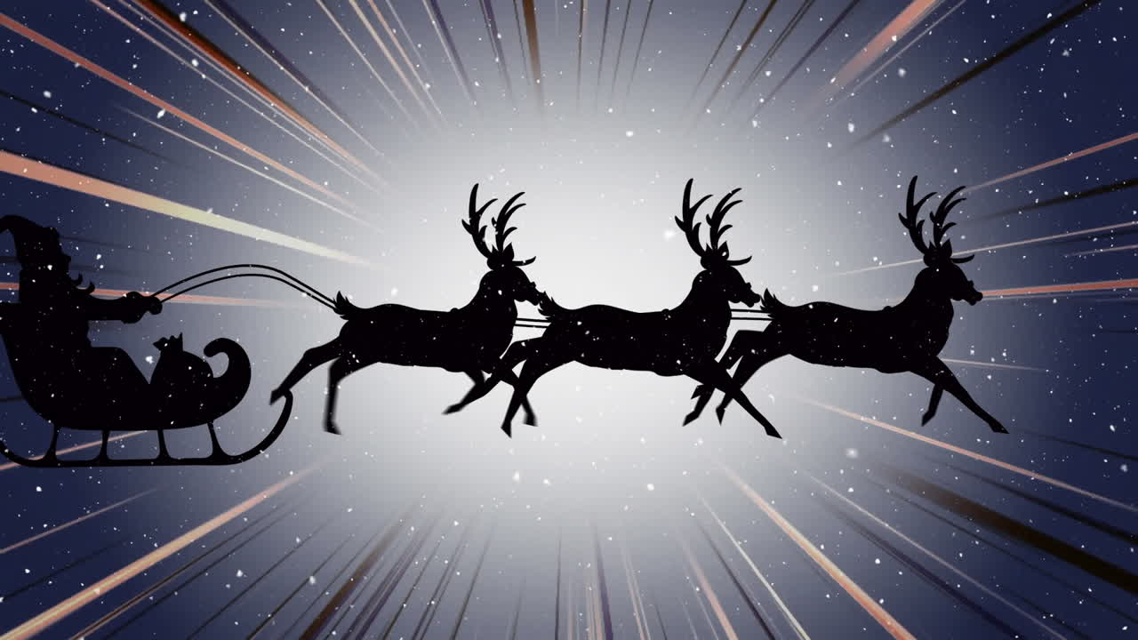 анимация снега, падающего над санта-клаусом в санях с оленями на красочном фоне