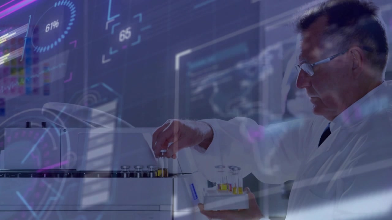 Overlay hitting 29% with charts, scientist inspecting and loading test tubes for lab analysis