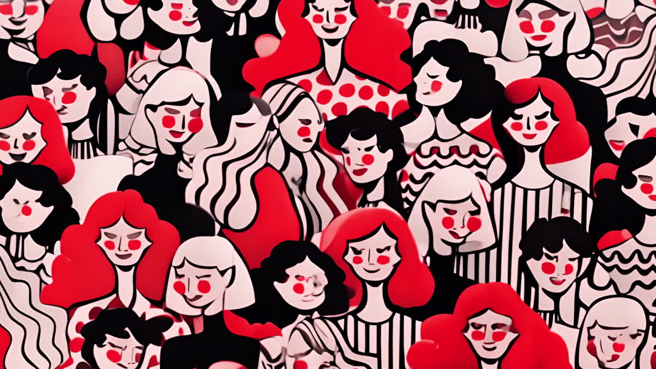 Stylized crowd of women with red and black hair, abstract animation