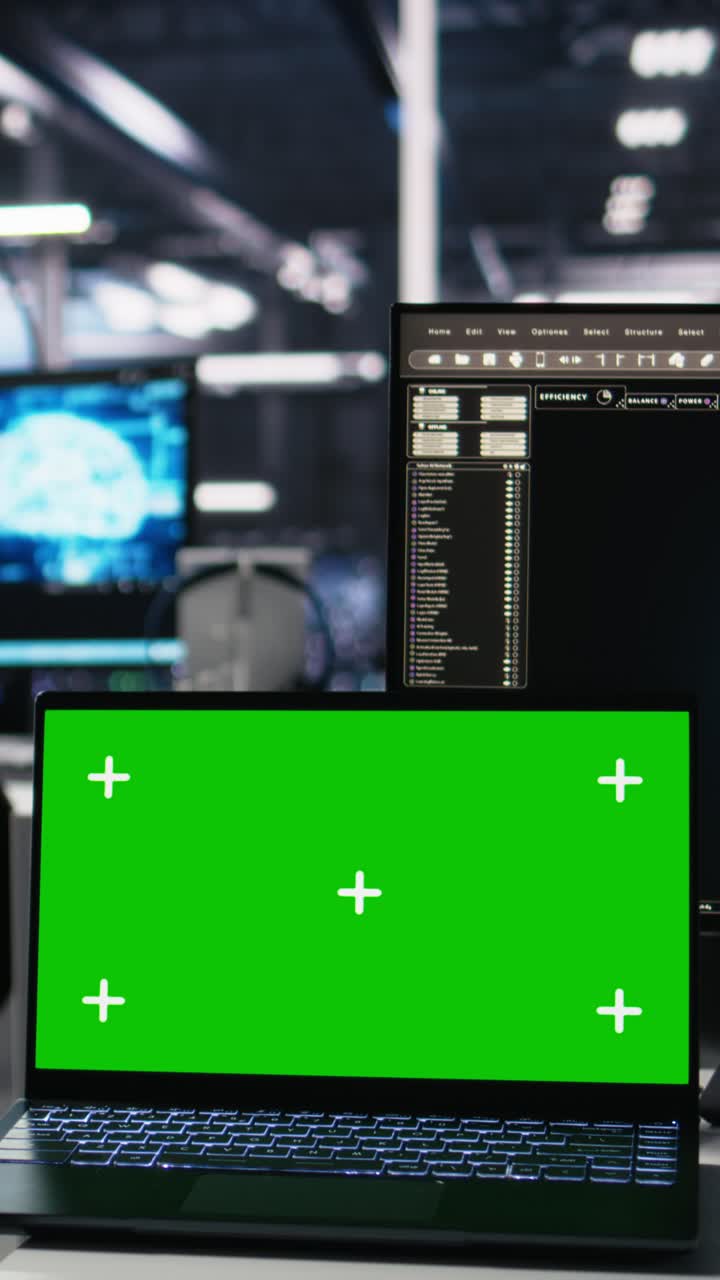 Vertical video Engineer in data center coding with generative AI assistance on chroma key laptop