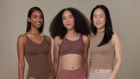 diversity, underwear and portrait of women friends