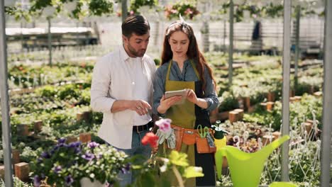 a young handsome man in a greenhouse talks to a female gardener with a tablet