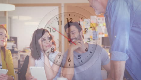 animation of clock moving over diverse colleagues discussing work in office