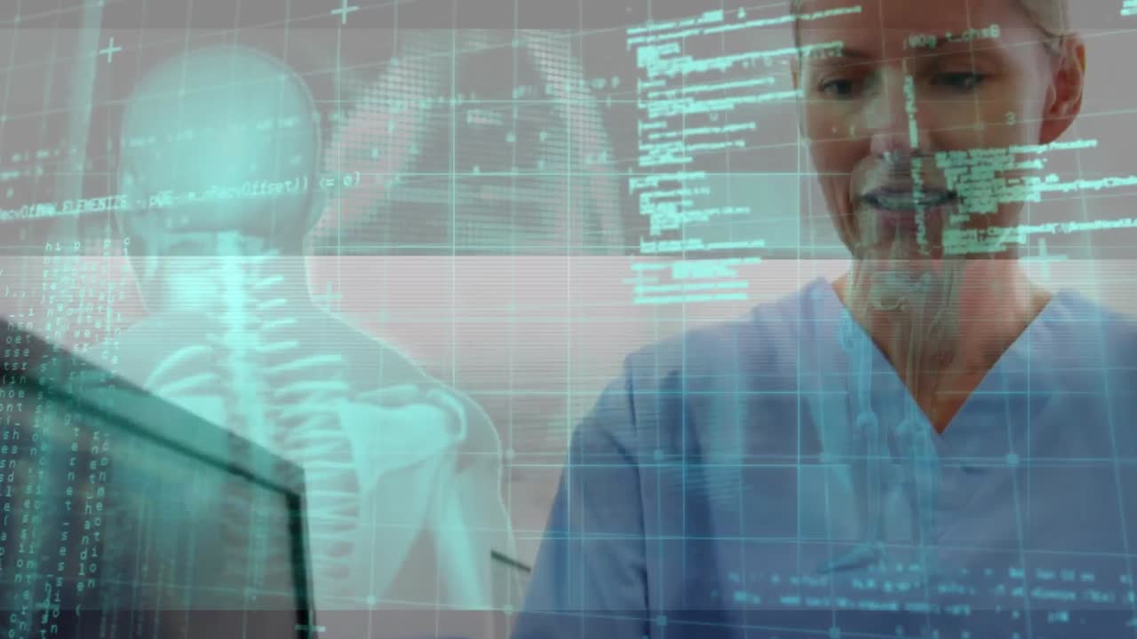 Animation of digital programming data and grid pattern over caucasian doctor analyzing medical x-ray