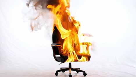 office chair burning against a white background creates a striking image of fire and destruction