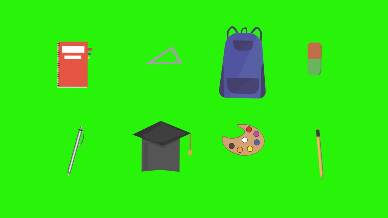 학교로 돌아가기: 초록색 화면에 있는 애니메이션 아이템, 크로마 키, 그래픽 소스
