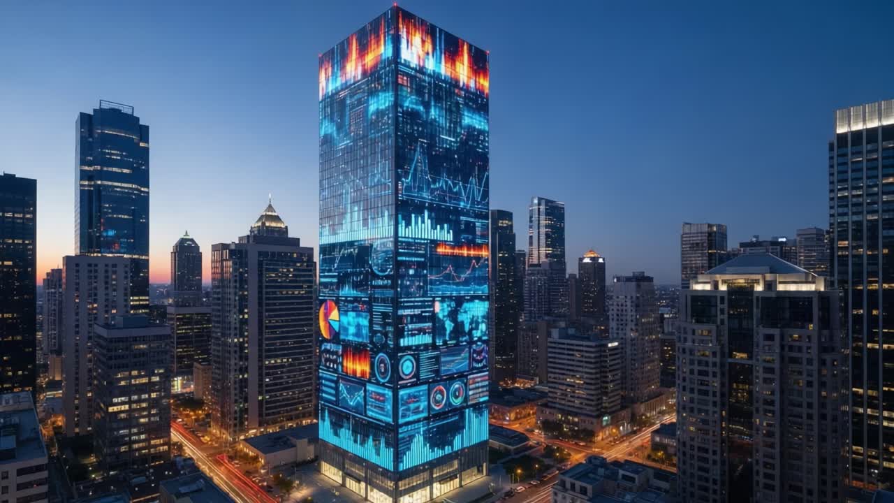 A Stunning Transformation: The Tower's Nighttime Display Changes from Cool Blue Analytics to Fiery Red Graphics in a Vibrant Urban Landscape
