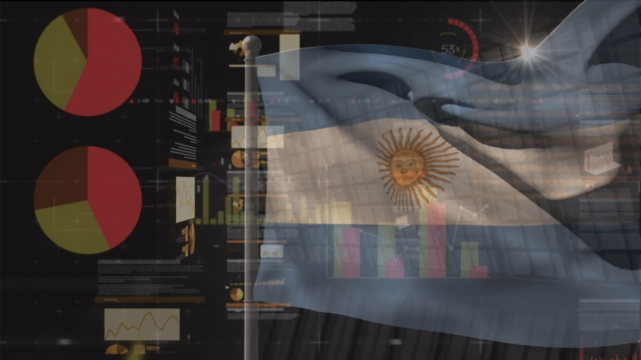 animación de datos financieros y gráficos sobre la bandera de argentina ondeando