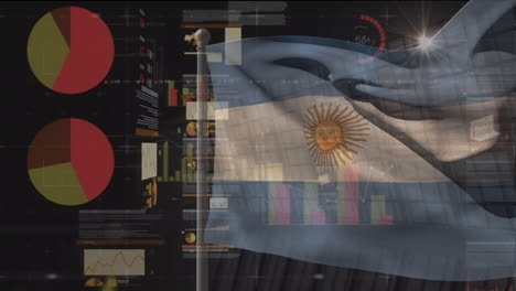 animation of financial data and graphs over waving flag of argentina