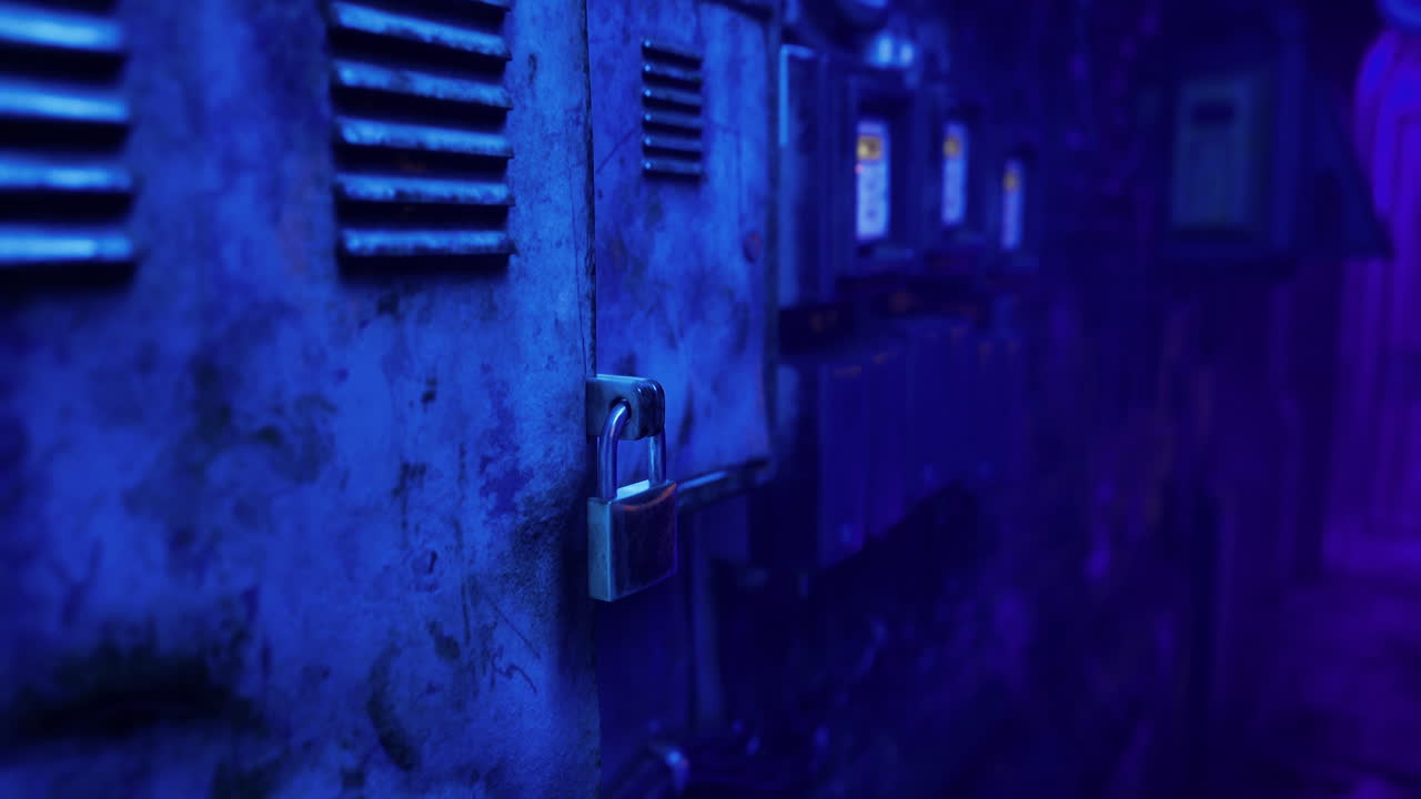 Mysterious blue hallway with old lockers and padlocks in dim light