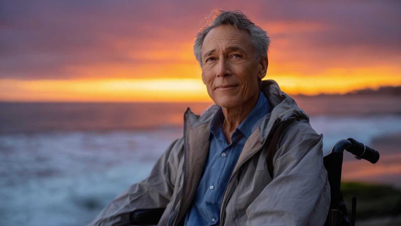 Content and Reflection at Dusk: A Serene Elderly Man in a Wheelchair Enjoying a Beautiful Ocean Sunset, Symbolizing Peace and Life's Journey