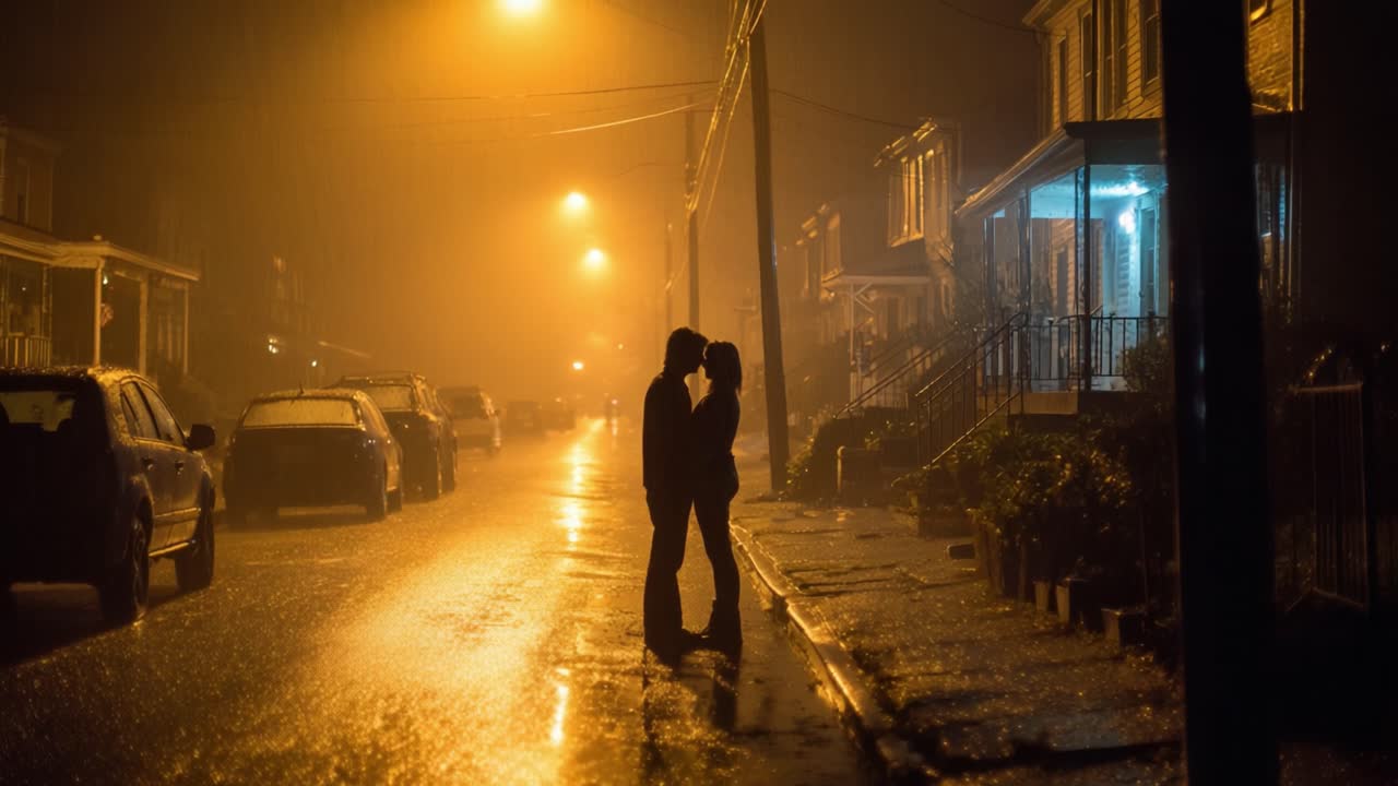 Intimate Moments Captured Under Rainy Streets: A Couple Embracing in a Romantic Foggy Night, Illuminated by Streetlights and surrounded by a Serene Urban Landscape