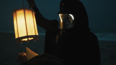 man in gas mask reads secret document at night after radioactive bomb explosion