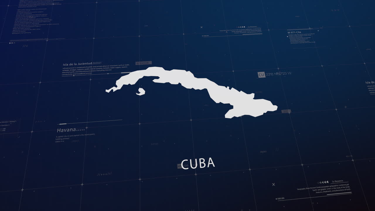 Cuba country map comes to life with cinematic panning, unveiling key details, the capital, and slogan, providing an engaging background for corporate and commercial use