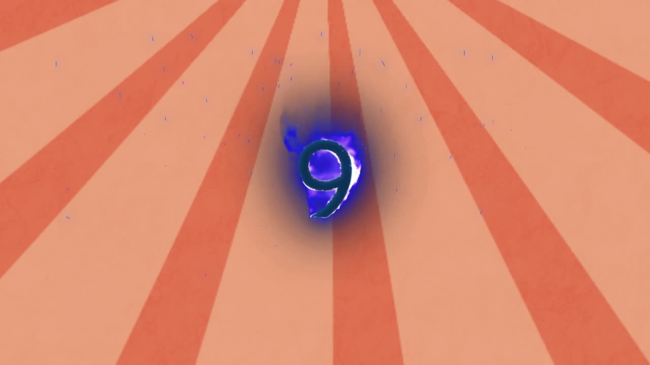 animación digital del efecto de llama azul sobre el número nueve contra los rayos radiales en fondo gris