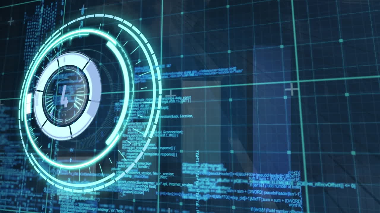 Animation of countdown over round scanner and data processing against blue background
