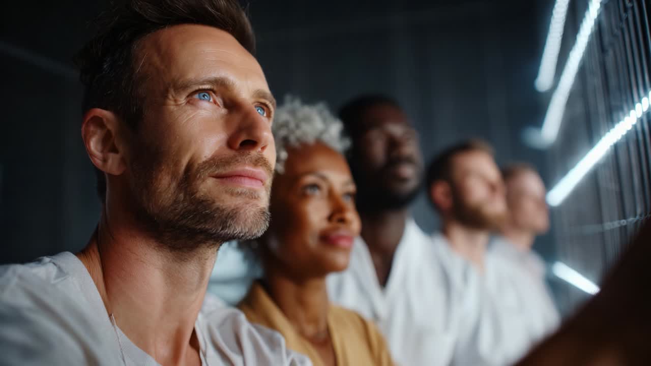 A Thoughtful Moment Captured: Individuals Engaged in Reflective Contemplation Surrounded by a Modern Setting, Illuminated by Soft Lights, Highlighting Their Expressions and Connection with the Environment