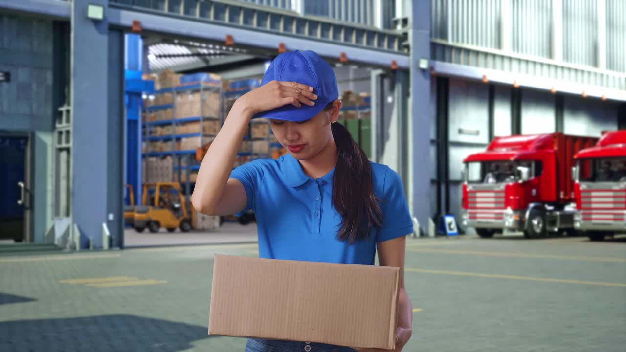 Tired Asian Female Courier In Blue Uniform Shaking Her Head While Delivering A Carton, Outside Warehouse