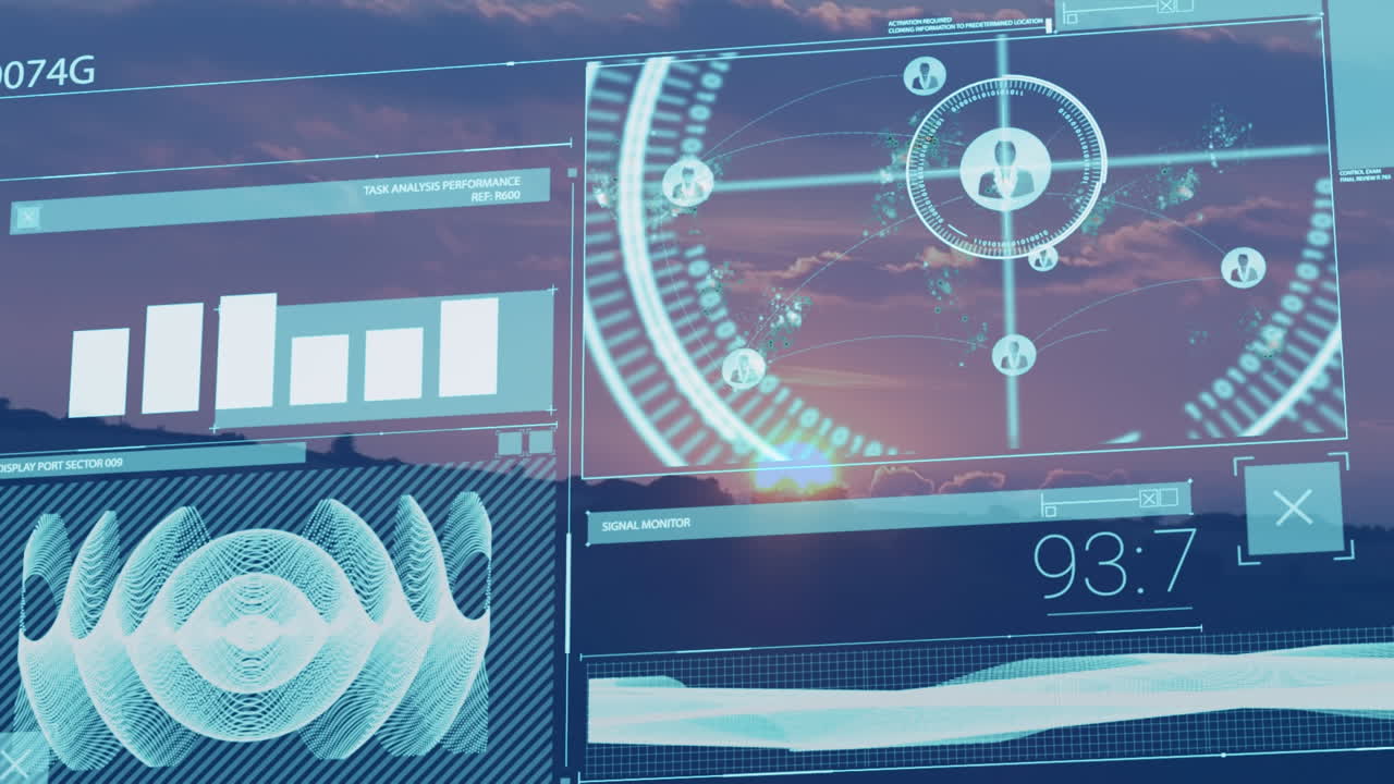 Digital interface with data processing against view of sunset sky