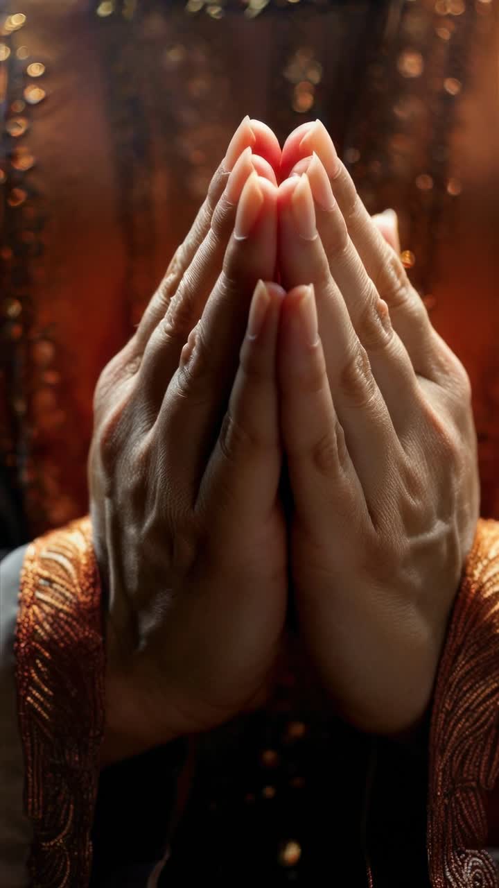 Close-up of hands in prayer position, with intricate fabric details