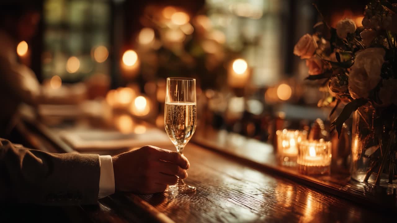 Atmosfere serali intime: una mano che tiene un bicchiere scintillante in un bar di campagna, circondato da una luce soffusa di candele e ricche composizioni floreali.