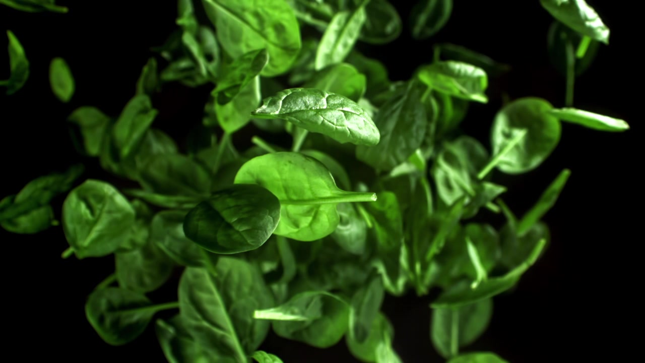 Foglie di spinaci verdi freschi che fluttuano su sfondo nero