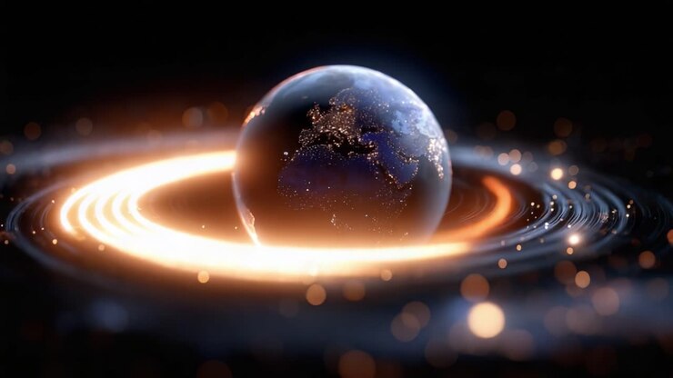 A Stunning Visualization of Earth Surrounded by Cosmic Rings and Glowing Particles, Capturing the Beauty of Our Planet in a Galactic Setting