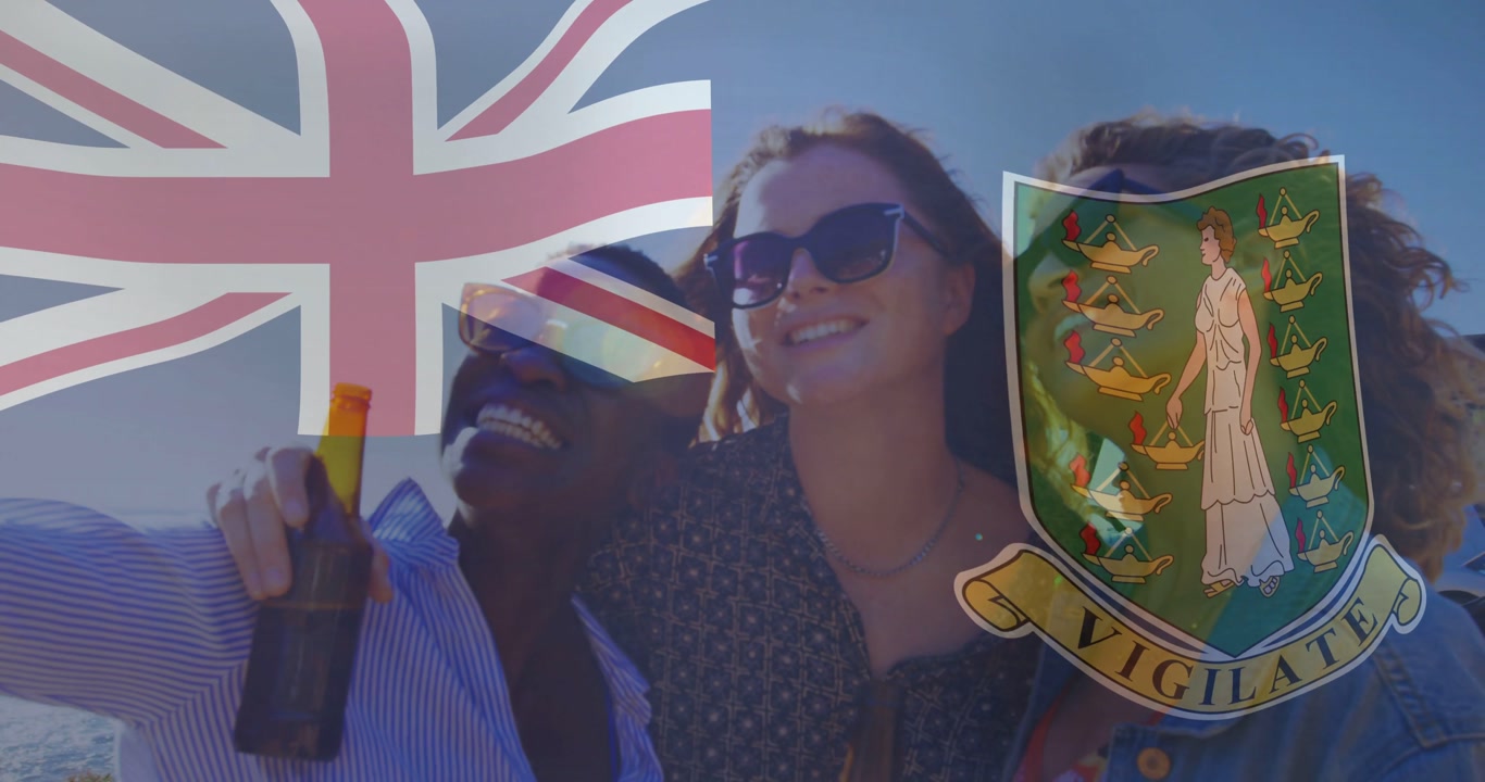 Heads leaning, trio pulling closer, raising bottle and posing under UK flag, VIGILATE crest travel