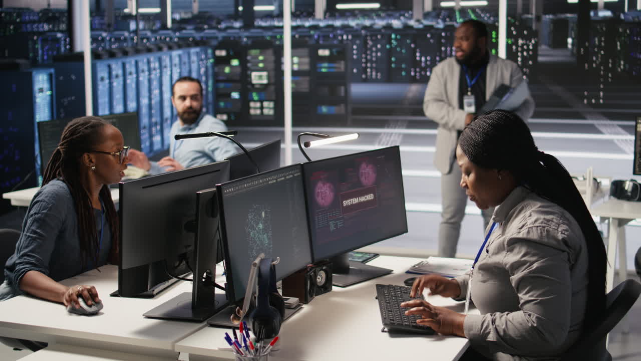 Vertical video Scared server room technician responding to hacking attack, requesting help