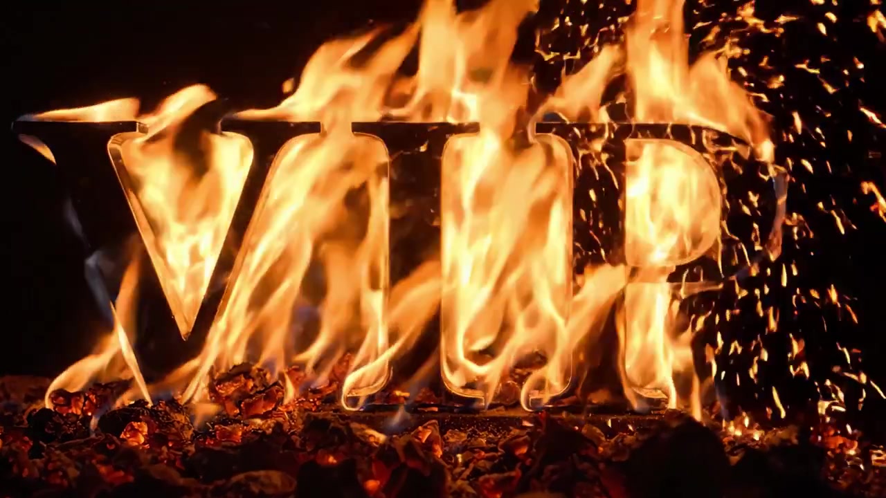 Een vurig VIP-vertoon: Betoverende vlammen omringen de vetgedrukte letters, wat exclusiviteit en prestige aanduidt in een dramatische, hete omgeving