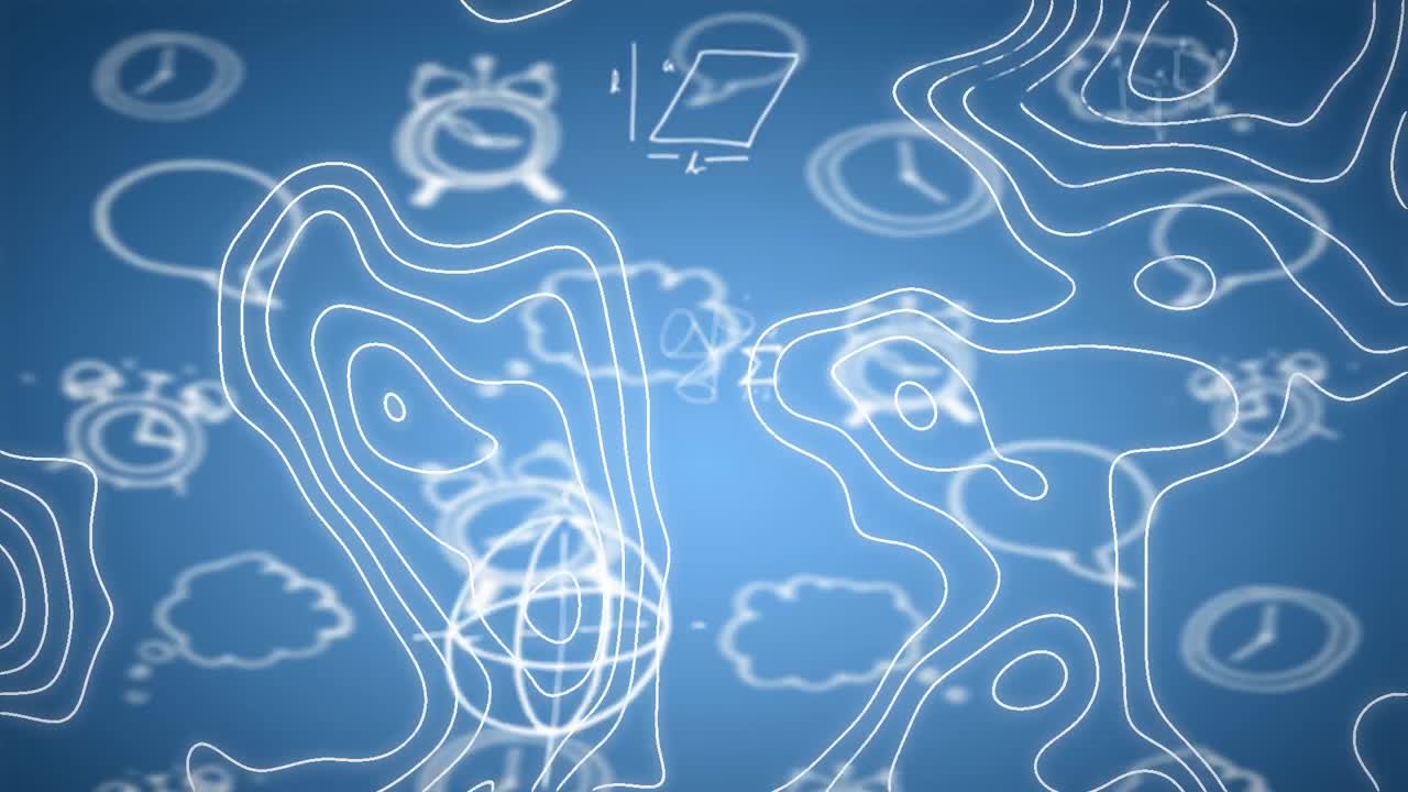 Animation of mathematical equations with clock icons and moving shapes on blue background
