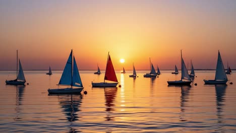 a tranquil evening on the water: a stunning display of sailboats dancing on the calm waves under a golden sunset sky