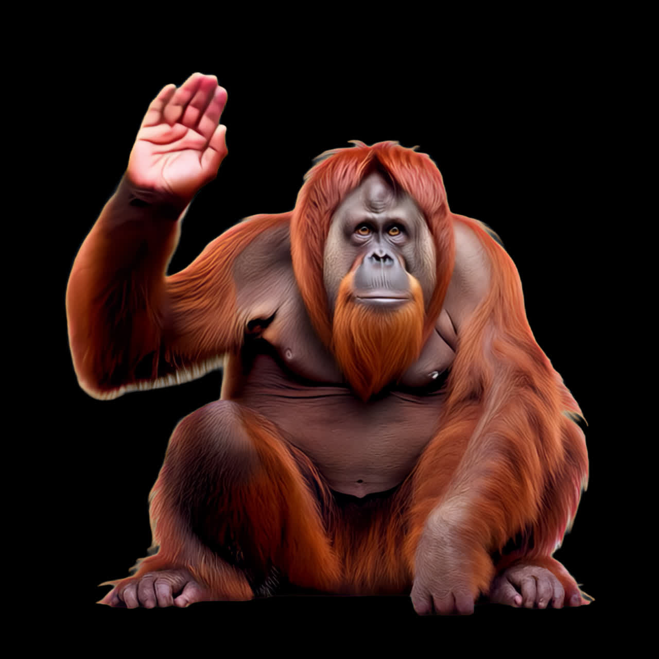Orangutang, der vinker hej, kunstanimation, isoleret aktiv, transparent 4K-video, alfakanal, ProRes