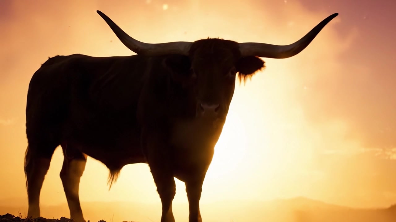 Siluet Megah Banteng Kuat di Tengah Matahari Terbenam yang Menakjubkan di Lanskap Pedesaan, Menangkap Esensi Keindahan dan Kekuatan Alam